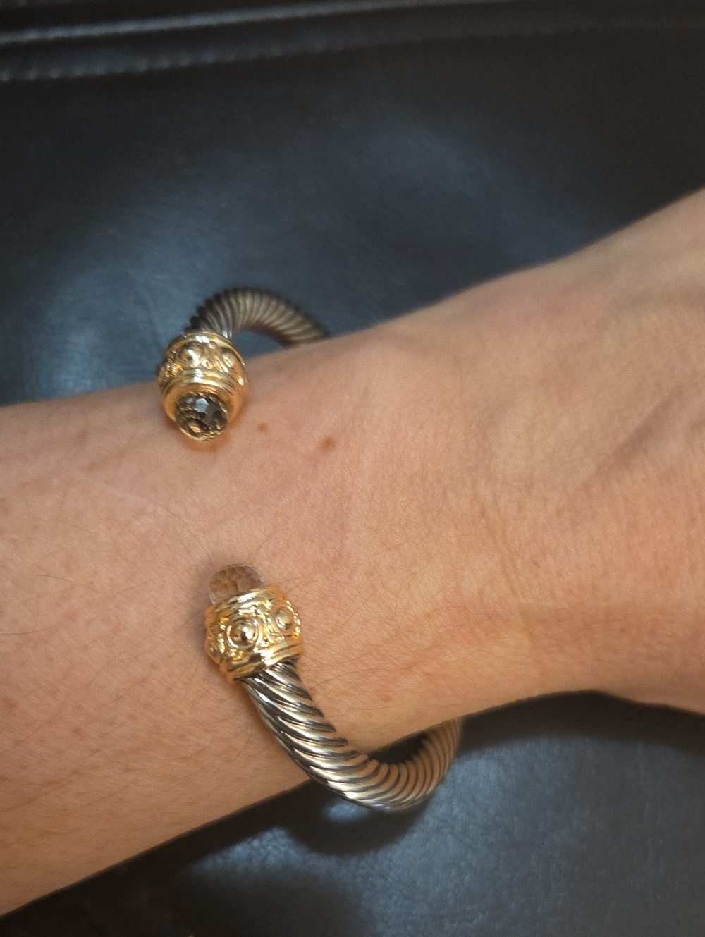 Gold Tone and Silver Tone Cable Cuff Bangle Rope Bracelet With Crystal Accents